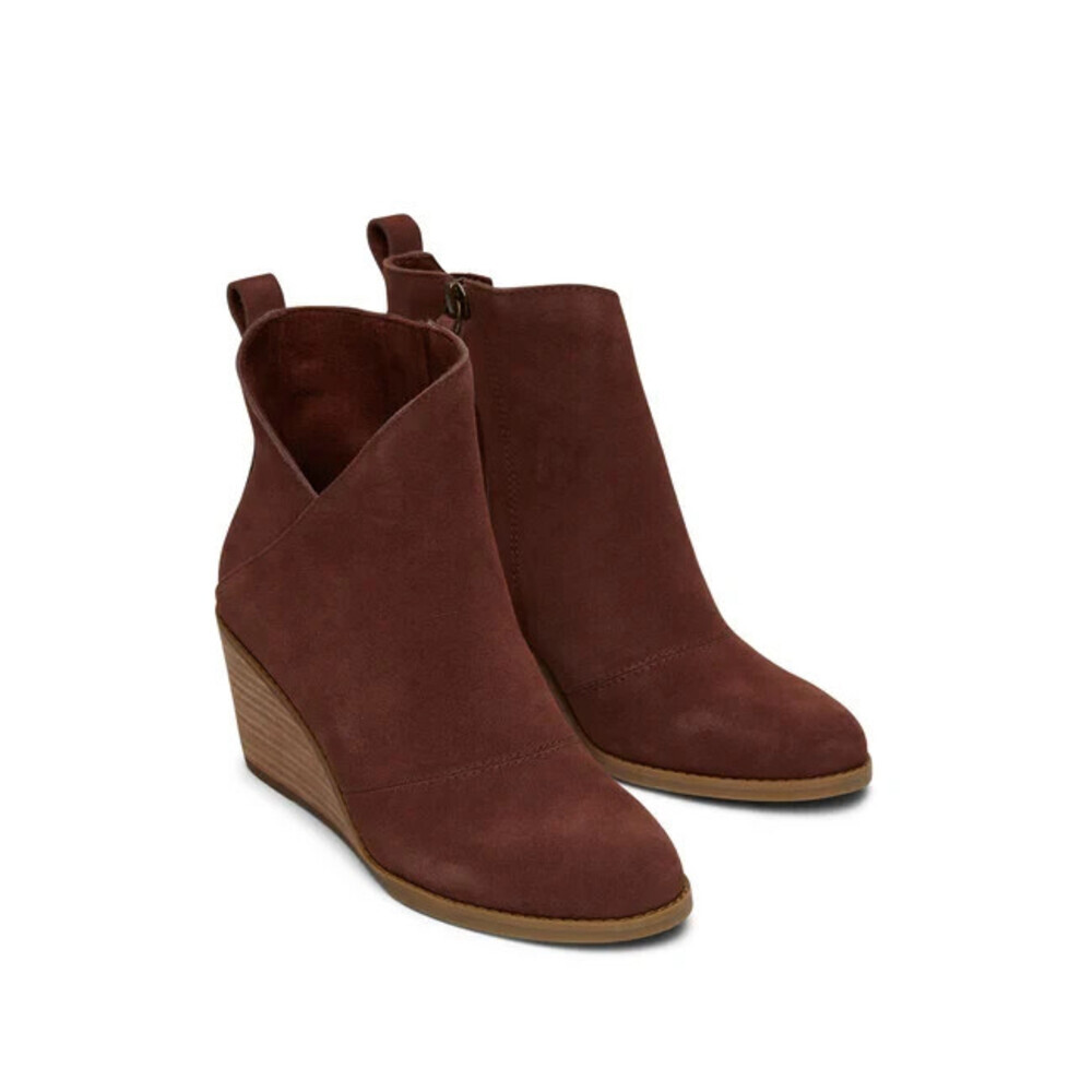 TOMS Sutton Bootie Women's US 5 Chestnut Suede Side Zip Wedge Heel Boots LION483